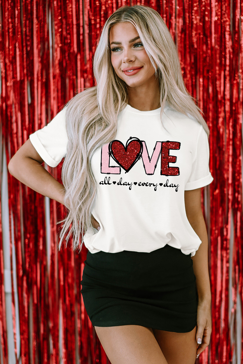 White Valentine LOVE Heart Shape Crew Neck Graphic Tee - loveforevers
