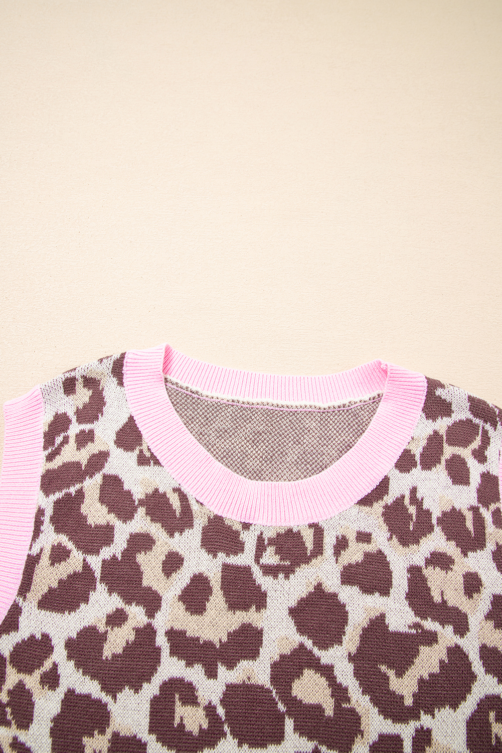Brown Leopard Pattern Contrast Ribbed Trim Sweater Vest - loveforevers