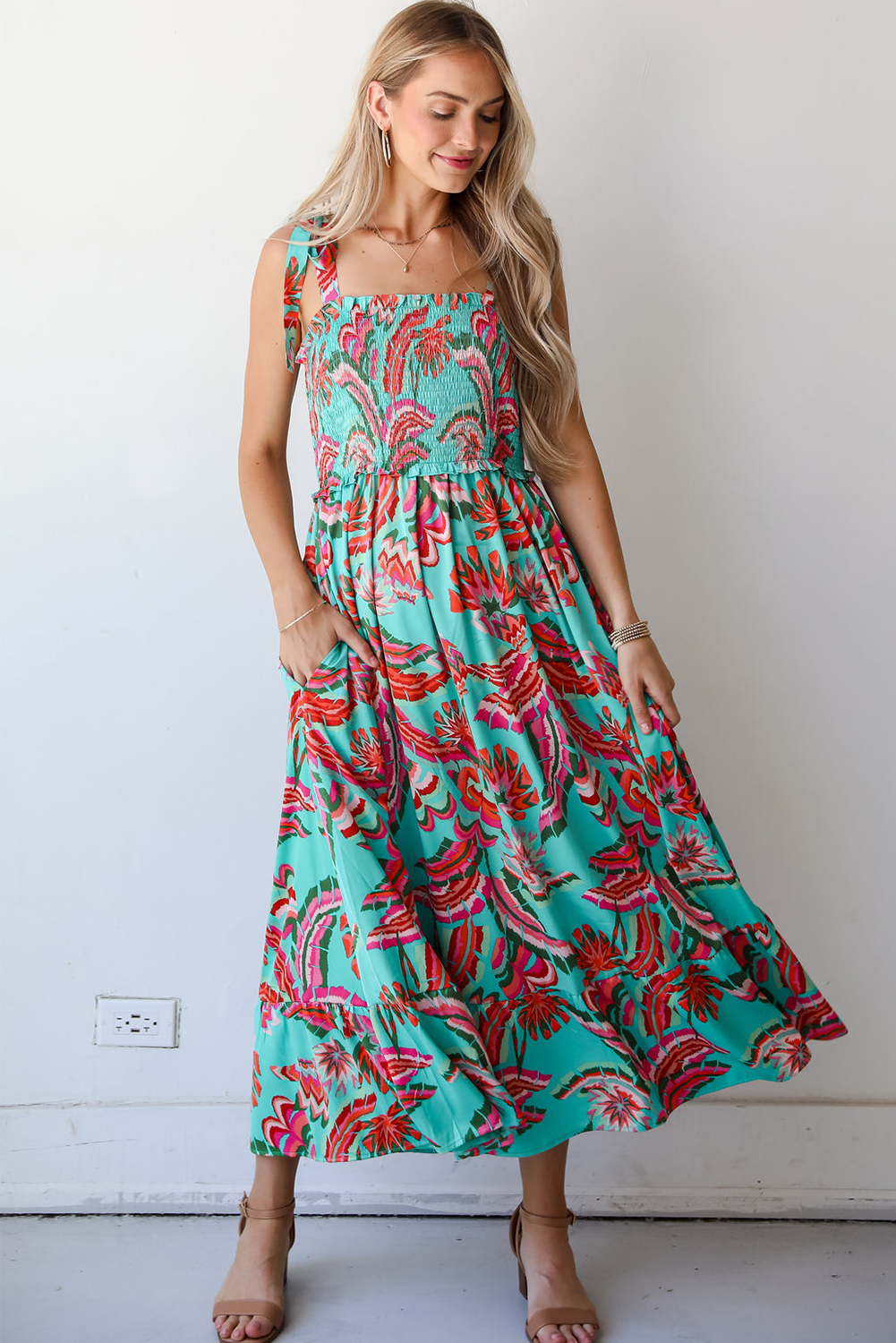 Green Abstract Print Smocked Bodice Knotted Straps Ruffled Maxi Dress - loveforevers