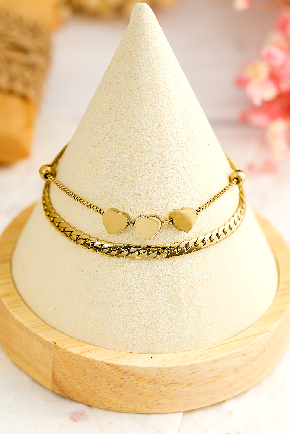Gold Triple Heart Double Layer Adjustable Chain Bracelet - loveforevers