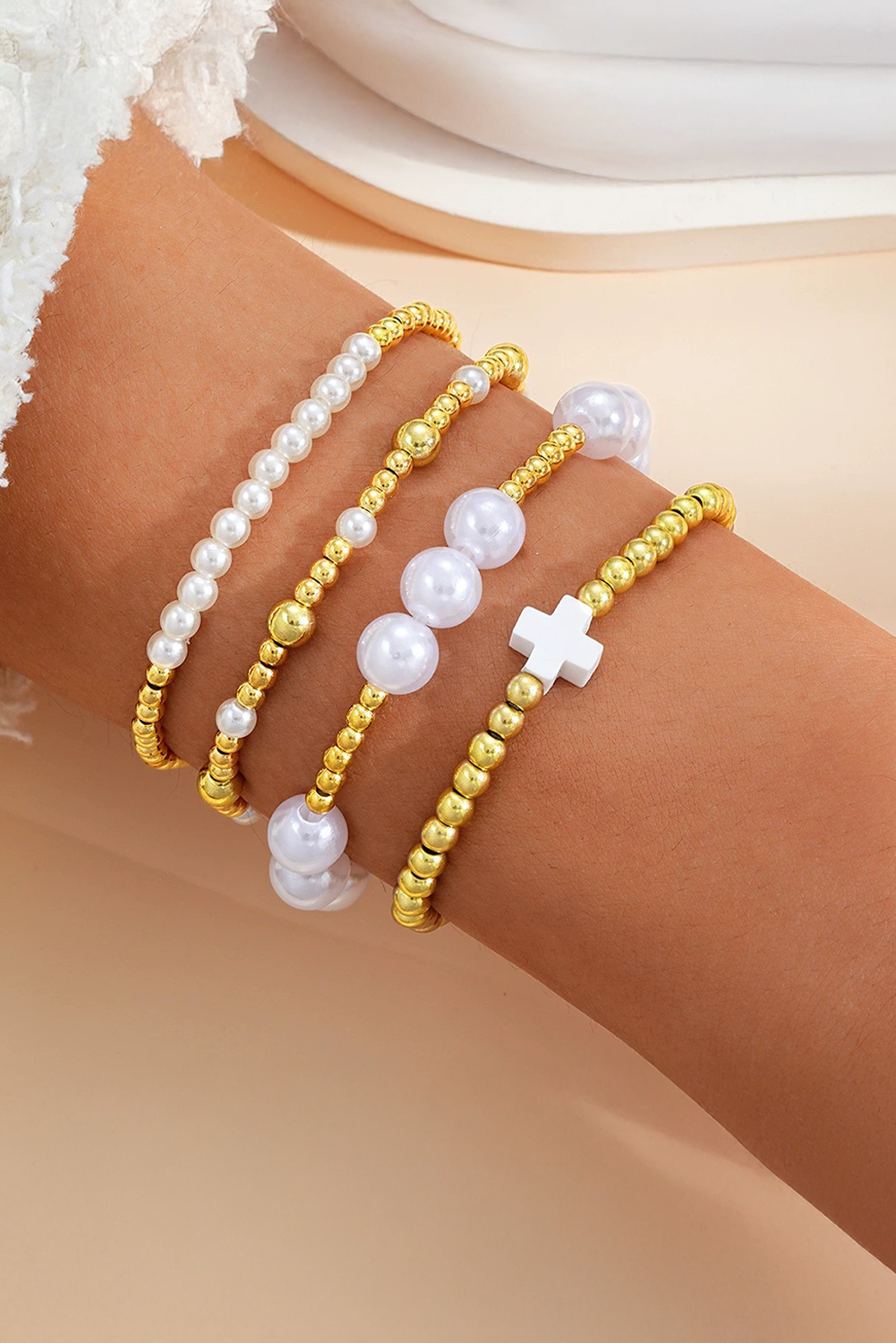 Gold Pearl Plated Alloy Multi Layer Stretch Bracelet - loveforevers