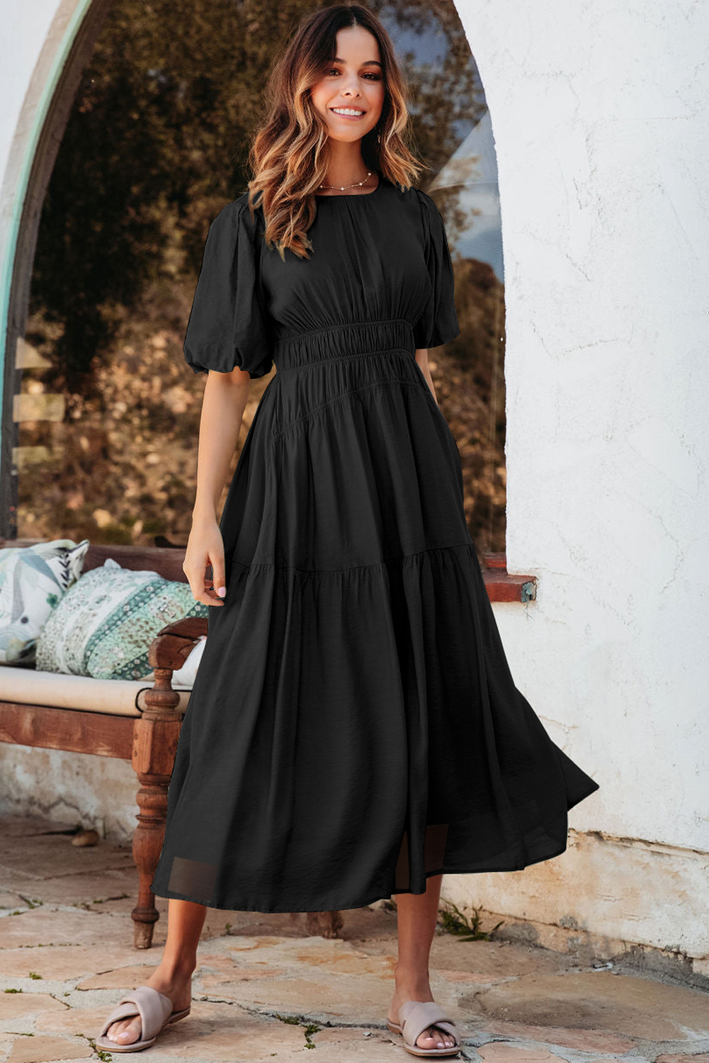 Black Puff Sleeve Pleated High Waist Flowy Midi Dress - loveforevers
