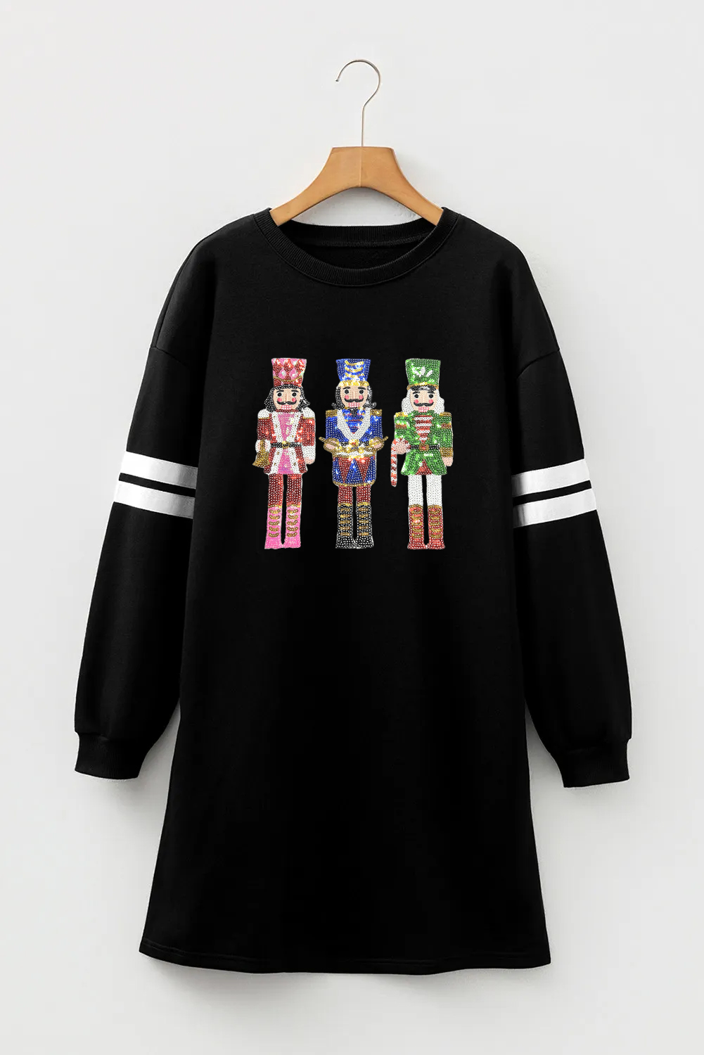 Black Christmas Sequin Nutcracker-man Graphic Varsity Striped Sleeve Sweatshirt Dress - loveforevers
