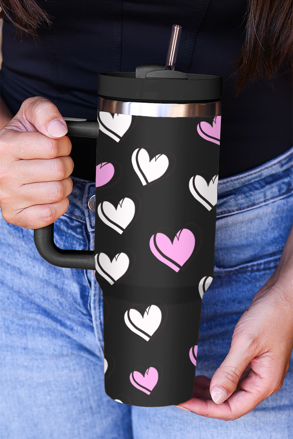 Black Valentines Heart Printed Thermos Cup with Handle 40oz - loveforevers