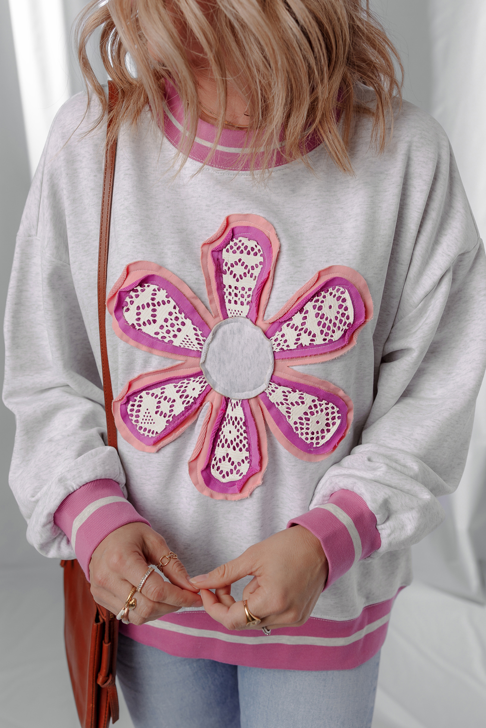 Gray Flower Patch Contrast Trim Crew Neck Sweatshirt - loveforevers