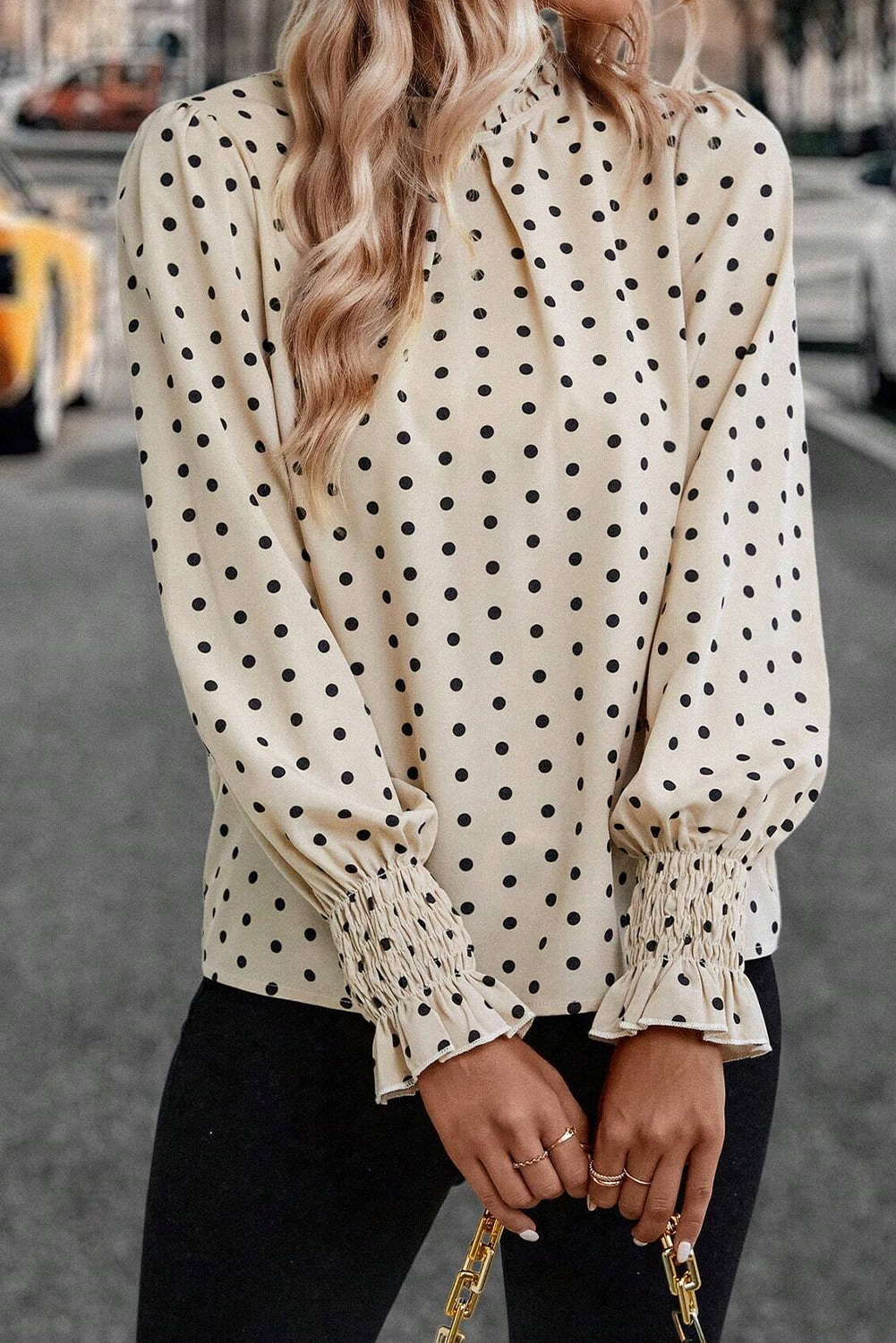 Apricot Polka Dot Print Frilled Collar Lantern Sleeve Blouse - loveforevers