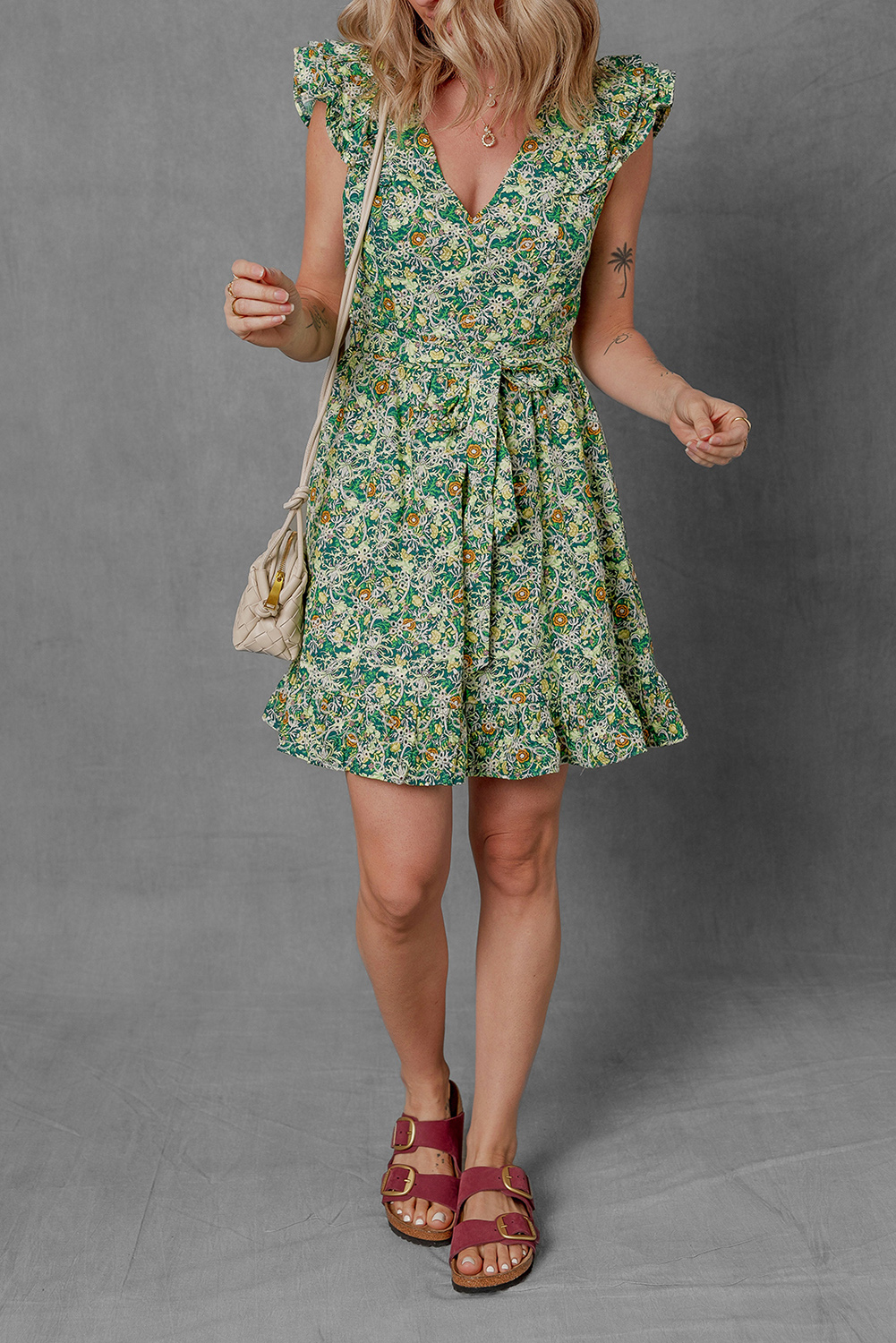 Green Flower Print Flutter Sleeve V Neck Sashed Ruffled Mini Dress - loveforevers