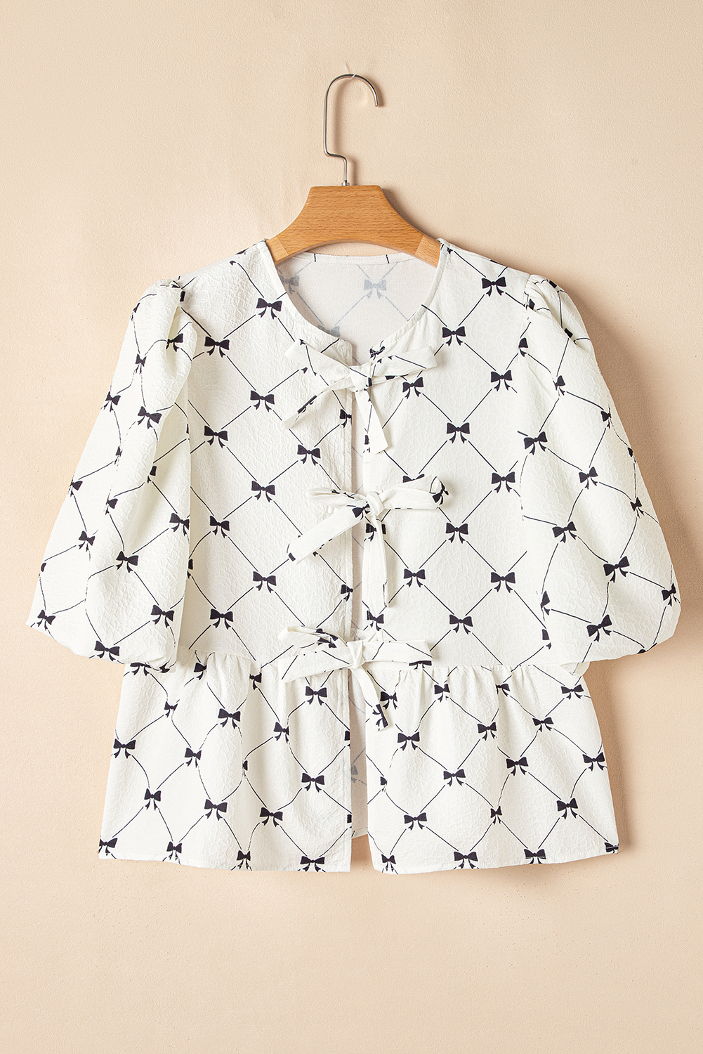 White Bowknot Print Front Knots Bubble Sleeve Blouse - loveforevers
