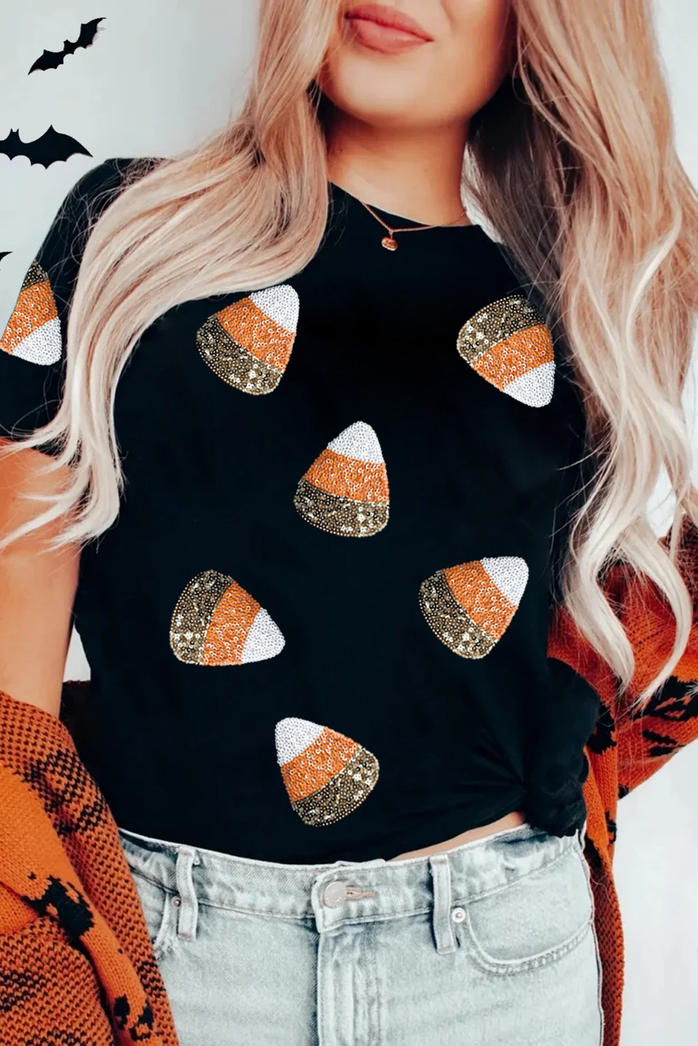 Black Sequin Candy Patched Pattern Halloween T Shirt - loveforevers