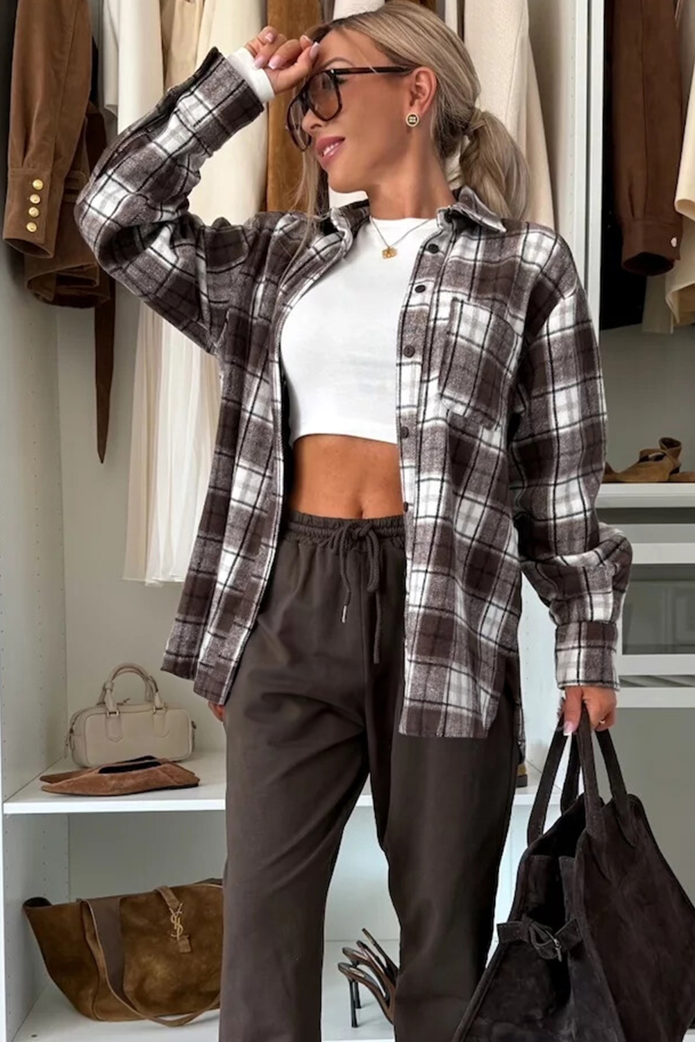 Dark Brown Flanel Plaid Single Chest Pocket Boyfriend Shacket - loveforevers
