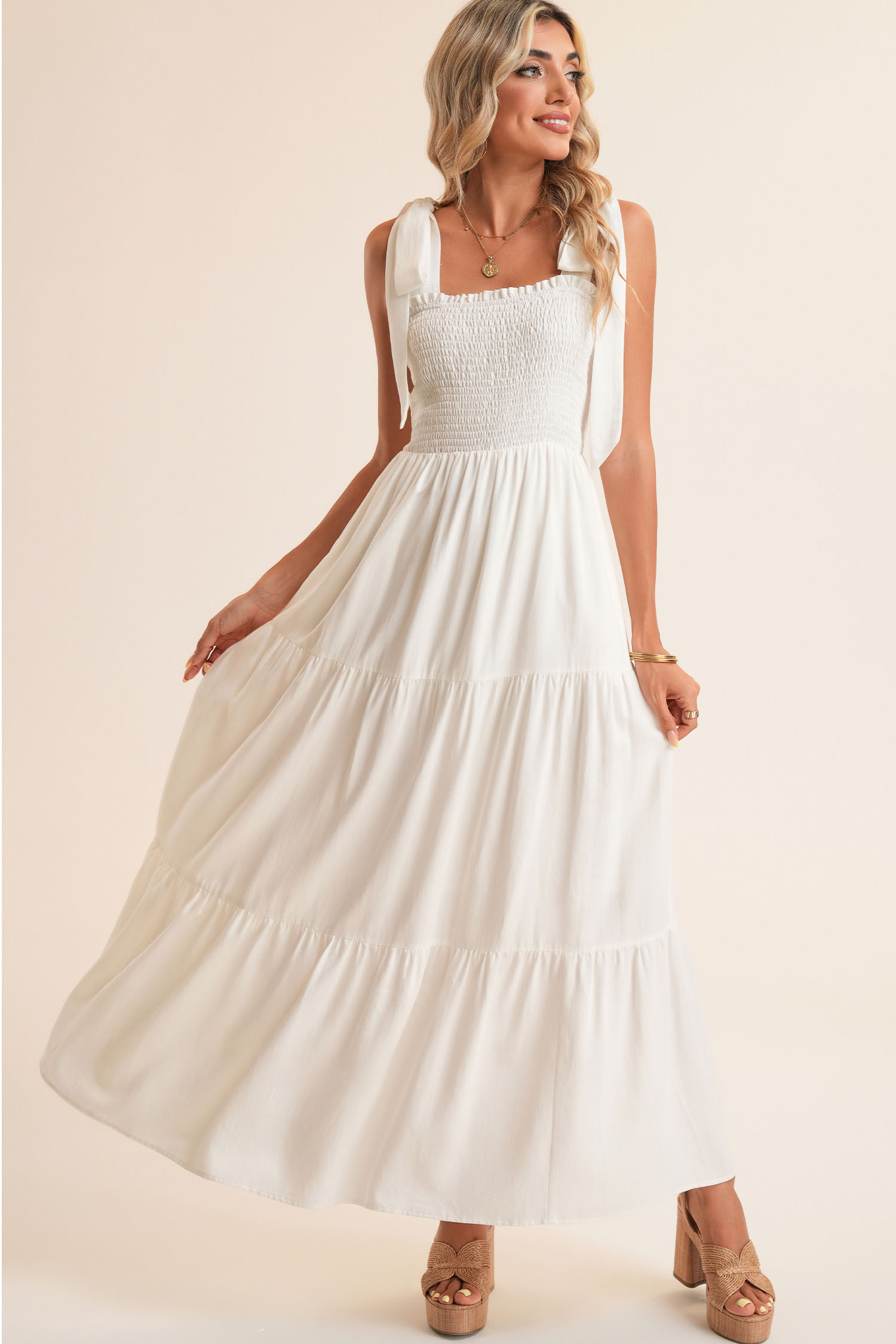 White Customizable Knot Straps Smocked Bodice Tiered Blank Maxi Dress - loveforevers