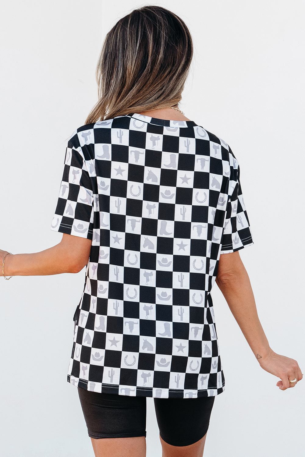 Black Western Fashion Checkerboard Print Side Split T Shirt - loveforevers