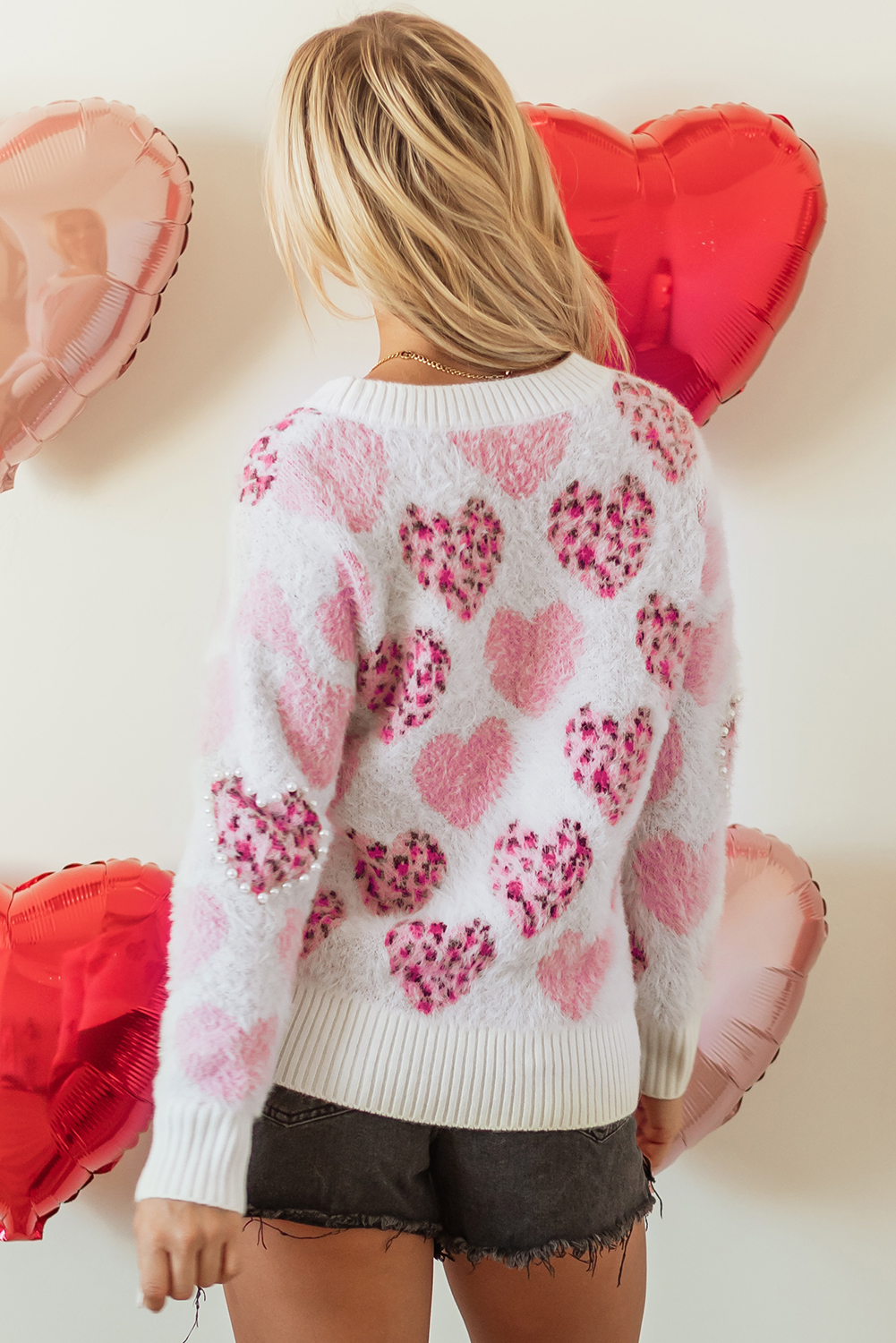 Pink Heart Leopard Print Pearled Ribbed Trim Fuzzy Sweater - loveforevers