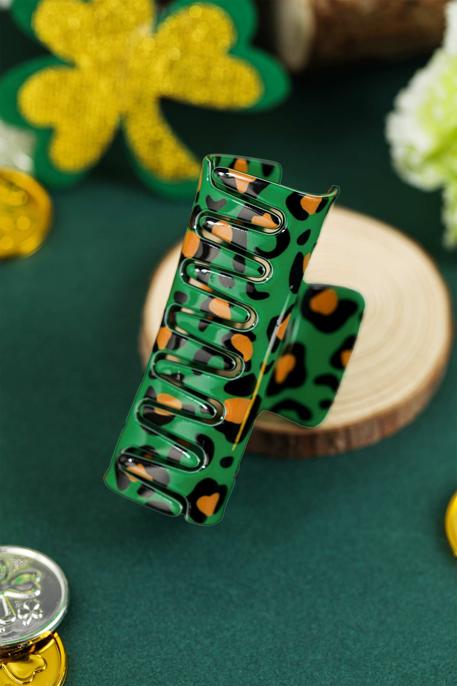 Dark Green Leopard Print Square Hollowed Plastic Hair Claw Clip - loveforevers
