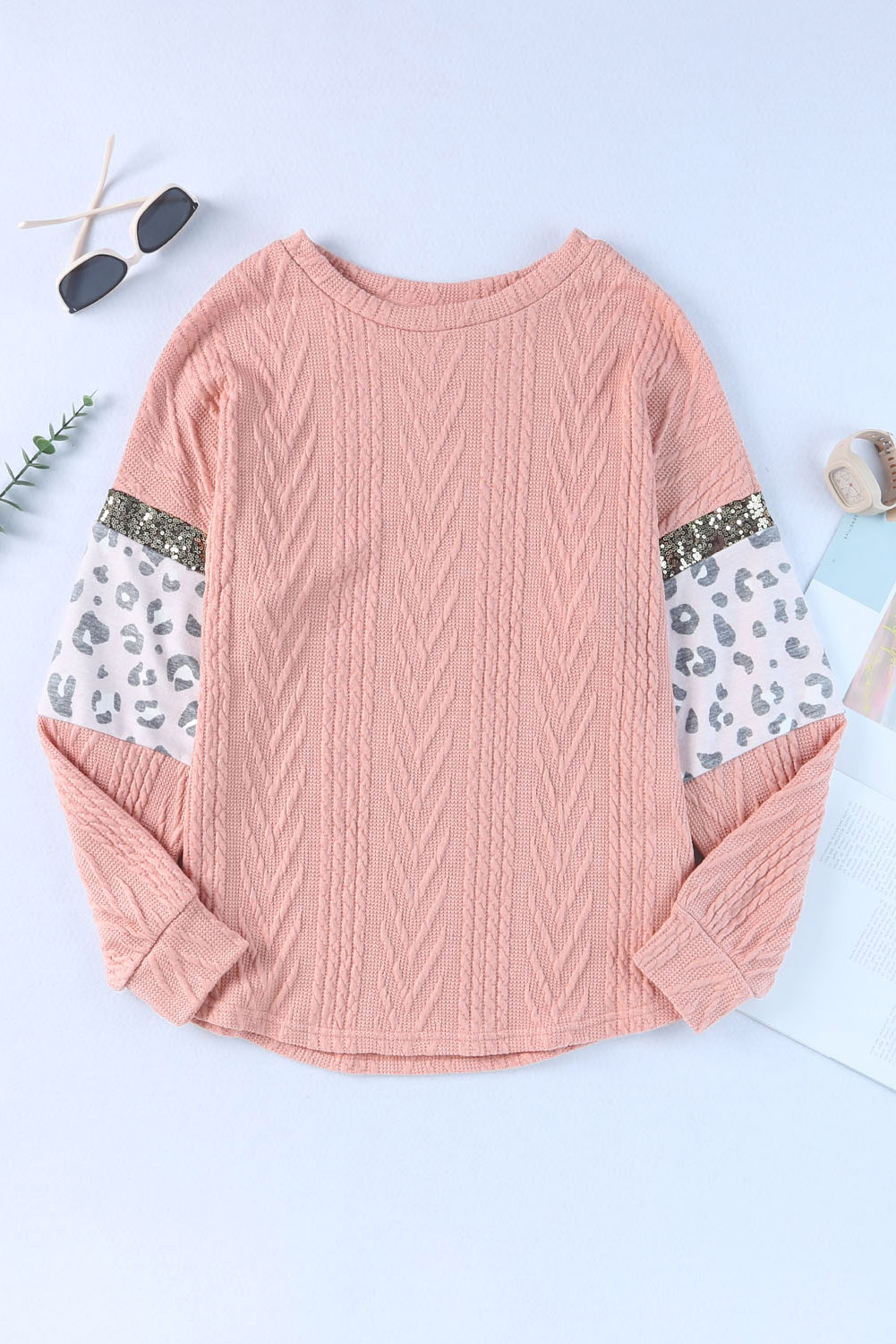 Pink Leopard Sequin Splicing Sleeves Textured Knit Top - loveforevers