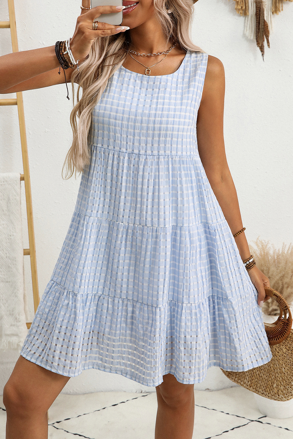Light Blue Plaid Tiered A-line Sleeveless Mini Sundress - loveforevers