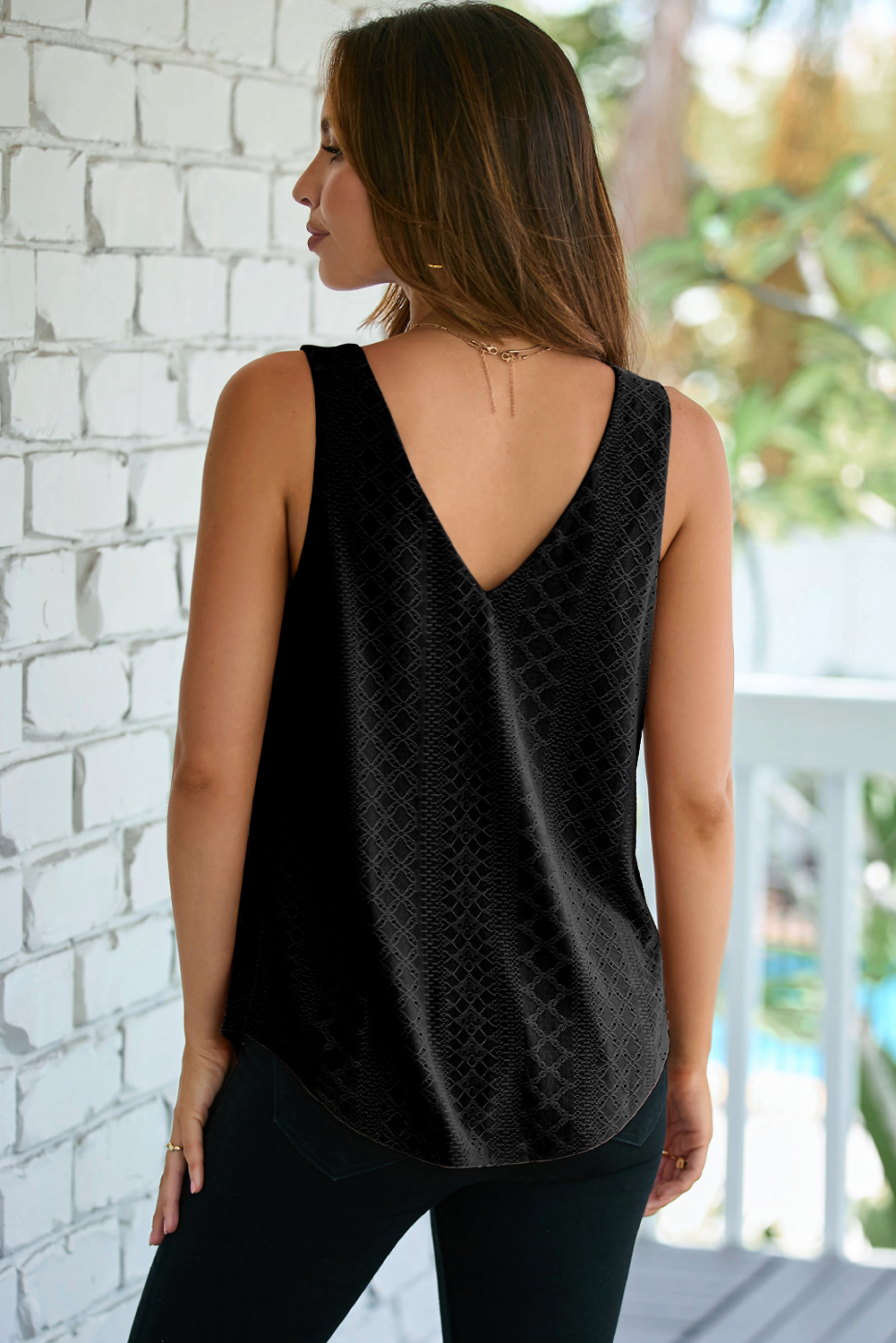 Coffee Eyelet Knit Patterned Loose V Neck Tank Top - loveforevers