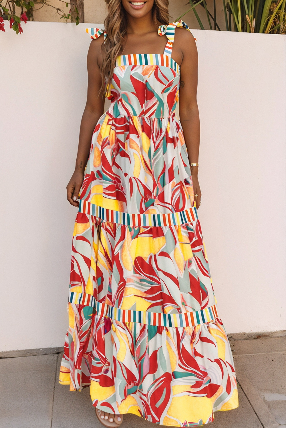 Sky Blue Abstract Print Striped Detail Knot Strap Maxi Dress - loveforevers