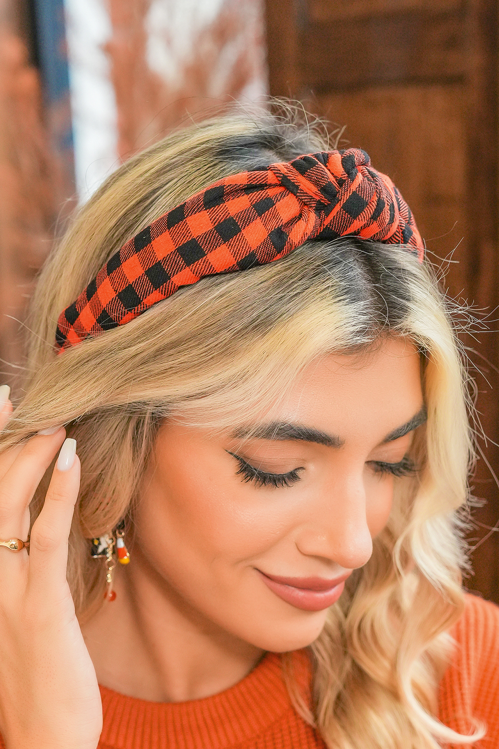 Orange Halloween Plaid Print Knotted Headband - loveforevers