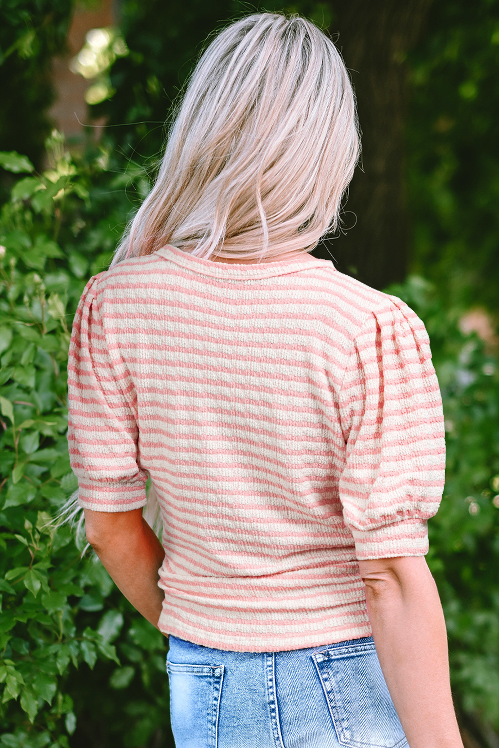 Pink Stripe Textured Puff Sleeve Crewneck Top - loveforevers