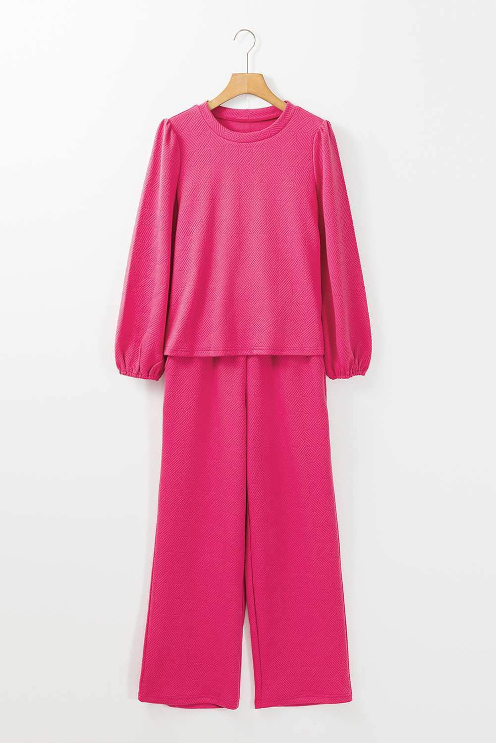 Rose Red Textured Puff Sleeve Top and Pants Set - loveforevers