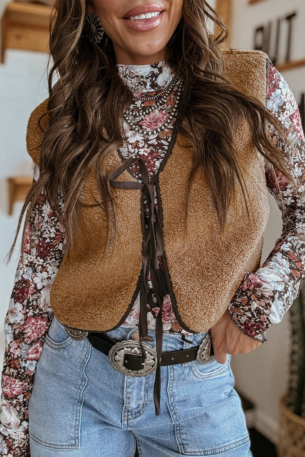 Light French Beige Contrast Trim Tie Front Sherpa Vest - loveforevers