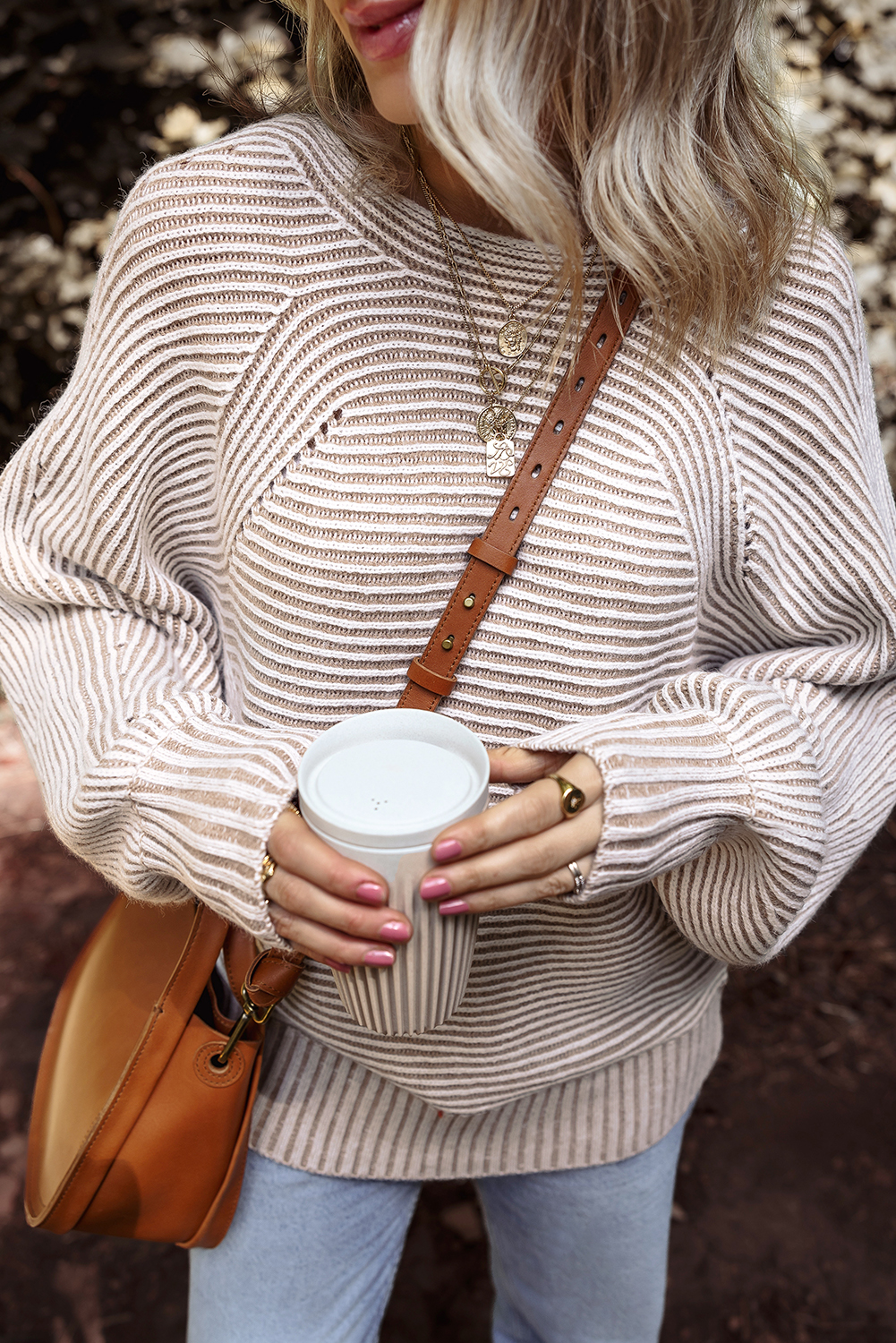 Coffee Striped Print Ribbed Knit Boat Neck Baggy Sweater - loveforevers
