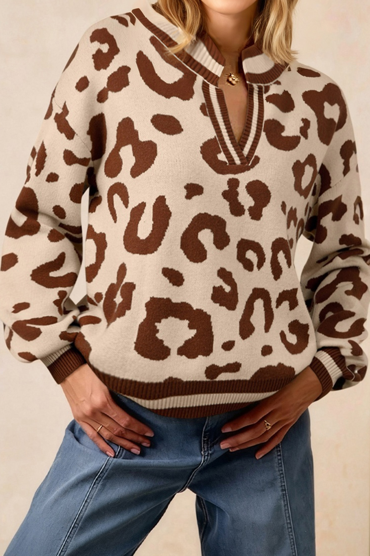 Light French Beige Leopard Printed Knit V Neck Casual Sweater - loveforevers