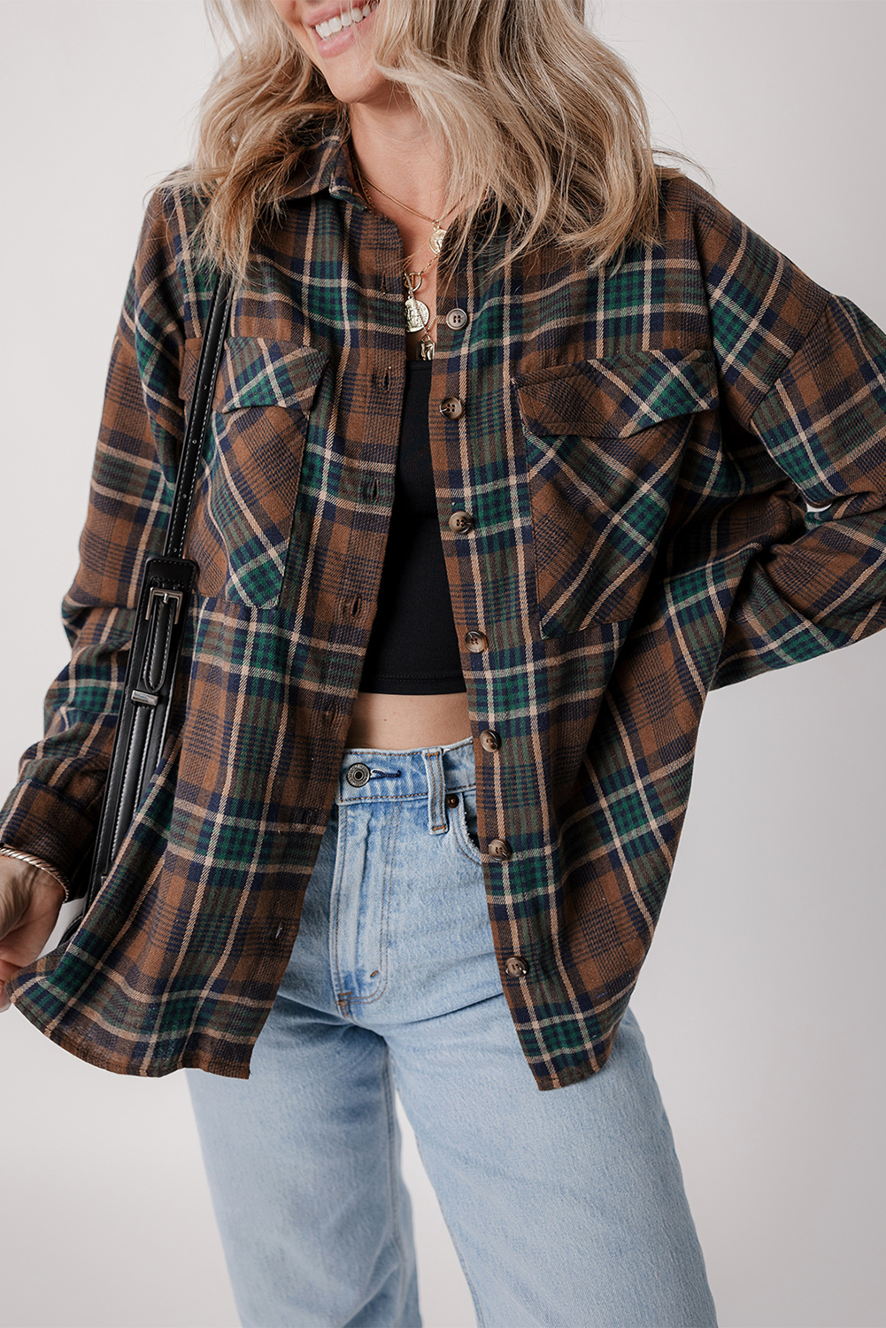 Brown Plaid Print Chest Pockets Buttoned Shirt Jacket - loveforevers