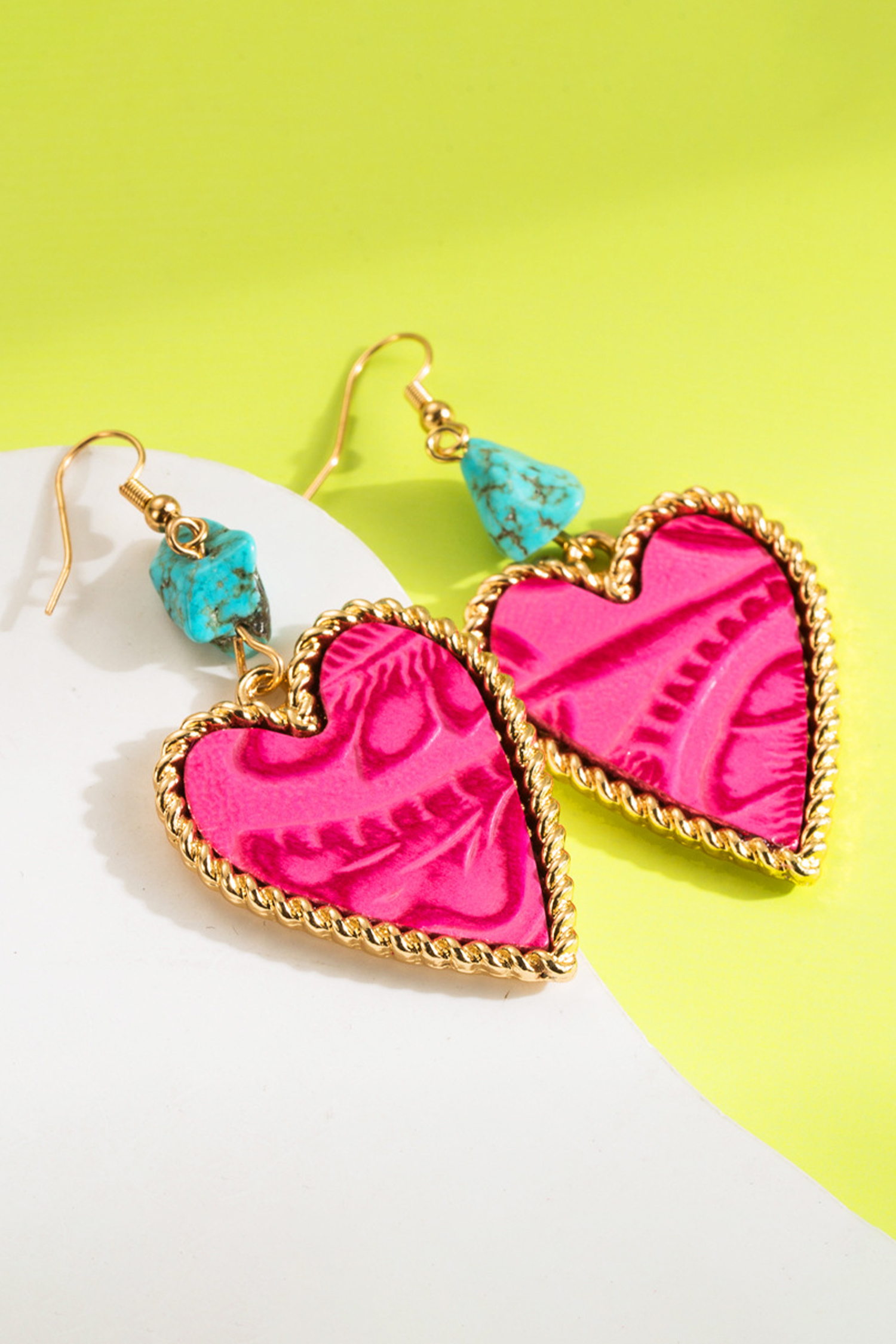 Rose Red Playful Heart Dangle Turquoise Detail Open Hook Earrings - loveforevers