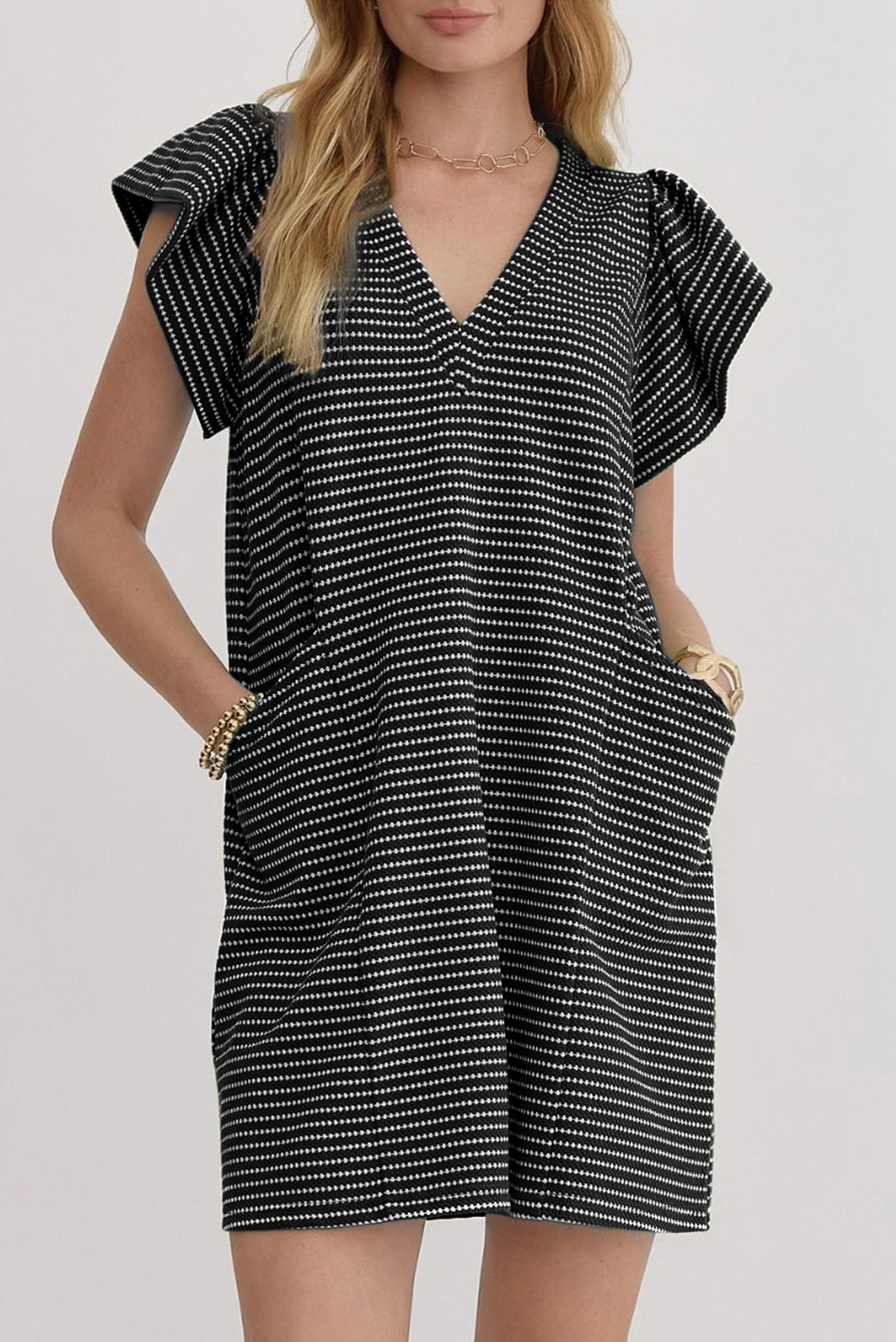Blue Stripe Textured Knit V Neck Flutter Sleeve Shift Mini Dress - loveforevers
