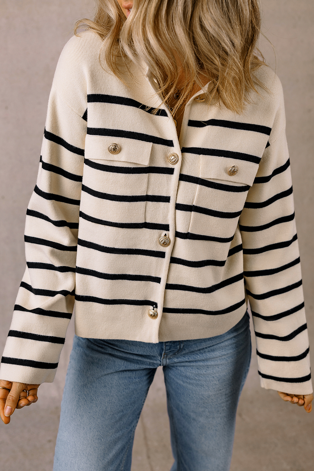 Black Stripe Flap Pocket Buttoned Cardigan Sweater - loveforevers