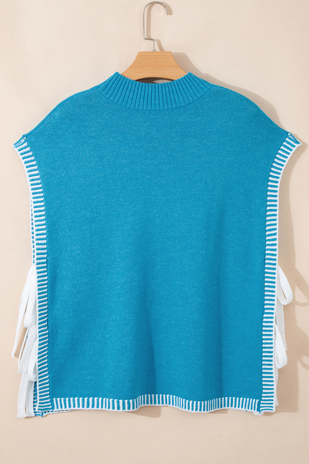 Blue Contrast Stitch Trim Knot Side Mock Neck Sweater Vest - loveforevers