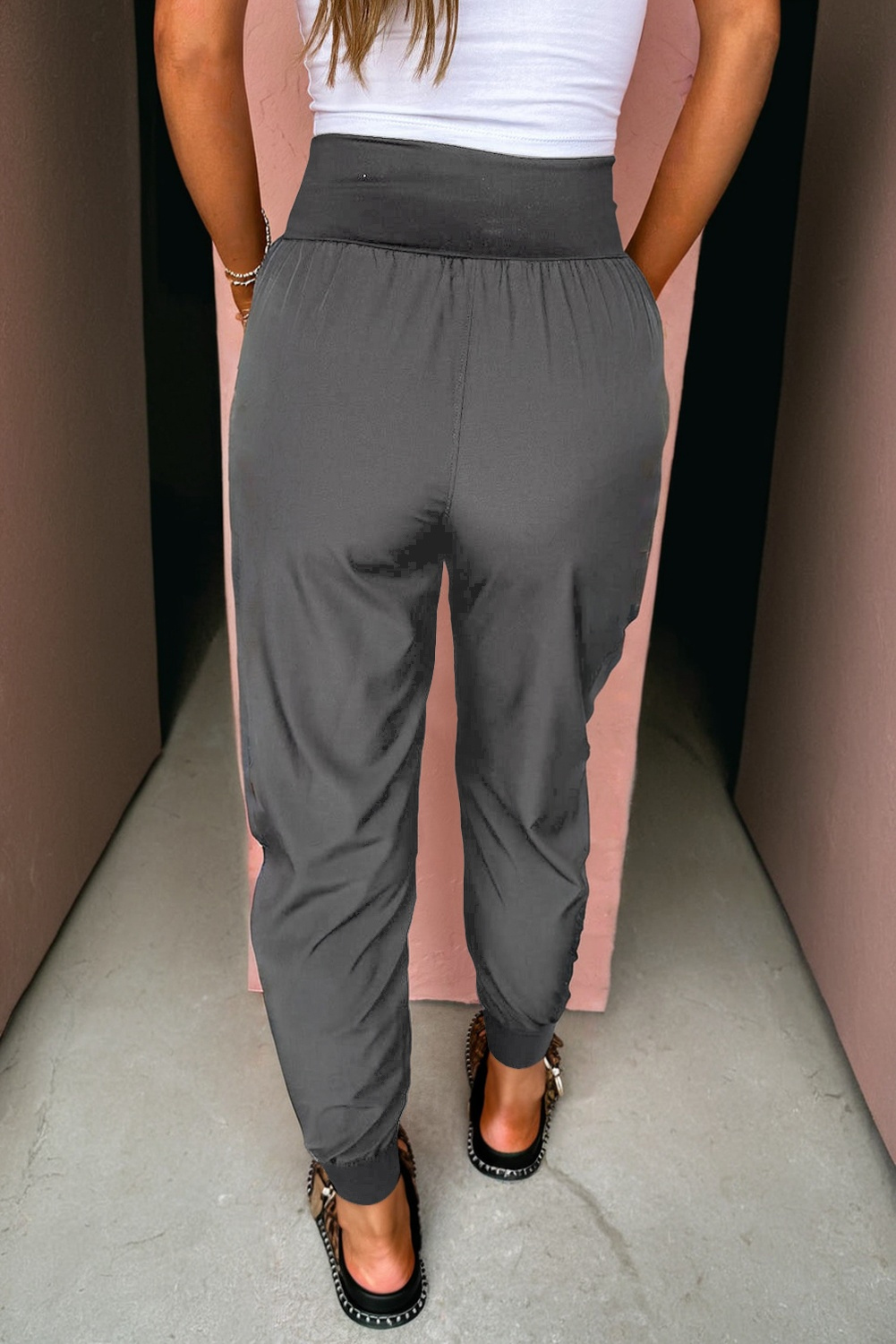 Black Elastic High Waist Pocketed Cargo Jogger Pants - loveforevers
