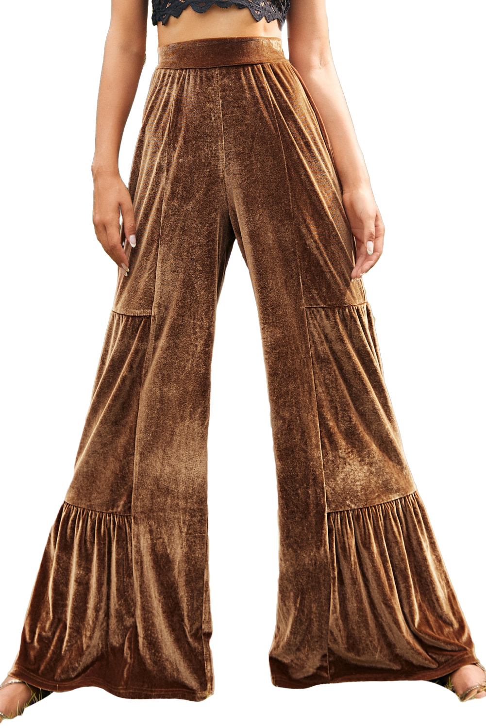 Chestnut Ruffle Hem Wide Leg Velvet Pants - loveforevers