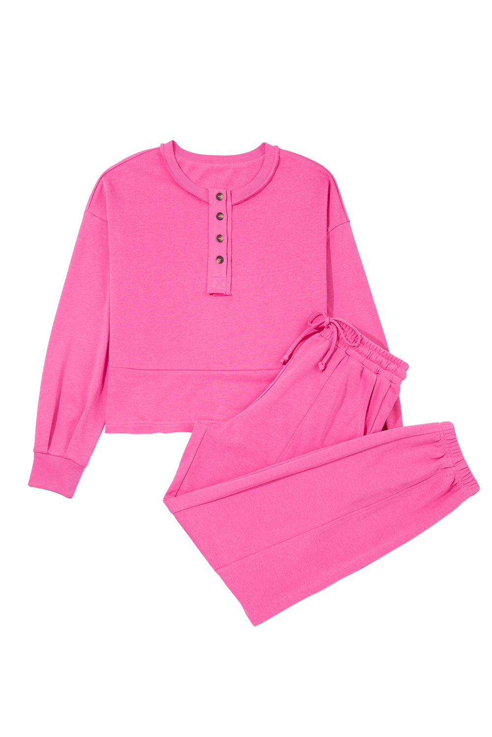 Bright Pink Raw Edge Half Buttons Pullover and Jogger Pants Set - loveforevers