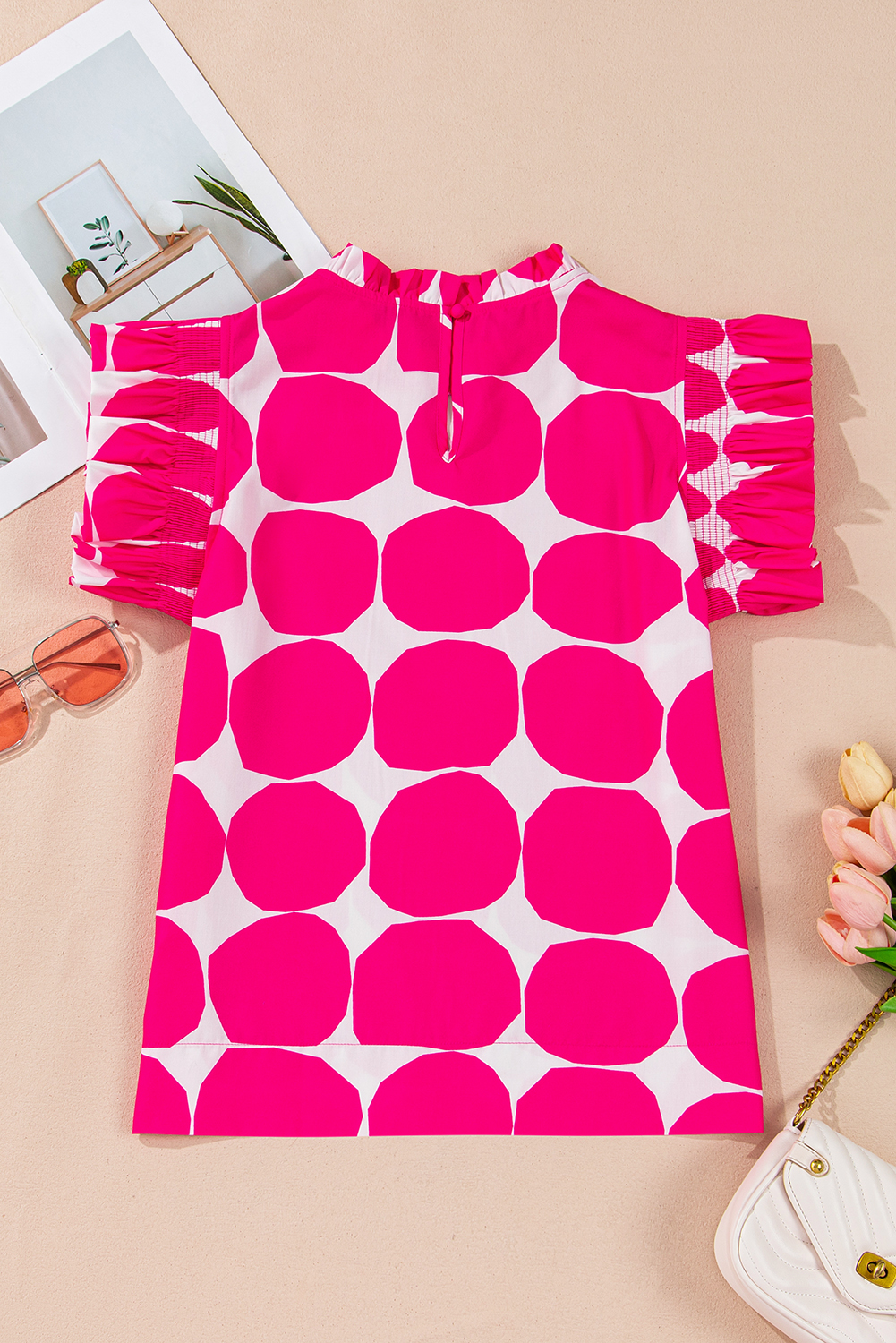 Rose Bubblegum Pattern Frilled Collar Flutter Sleeve Top - loveforevers