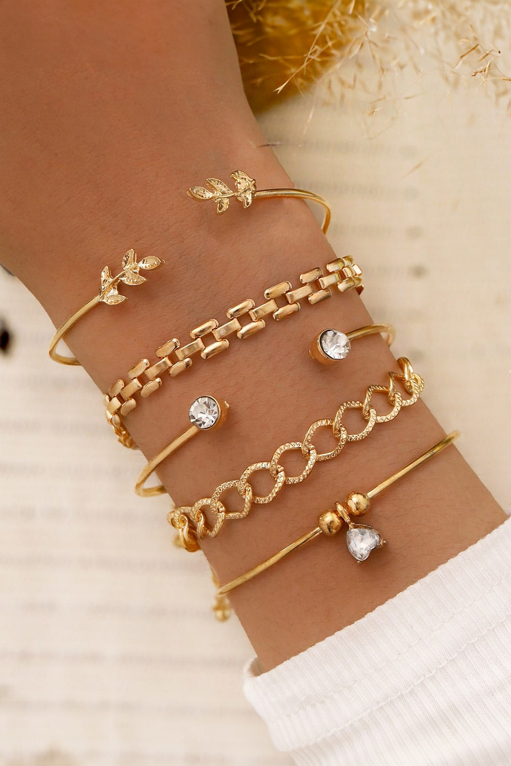 Gold Leaves Heart Shape Rhinestone Inlay Adjustable Bracelet Set - loveforevers