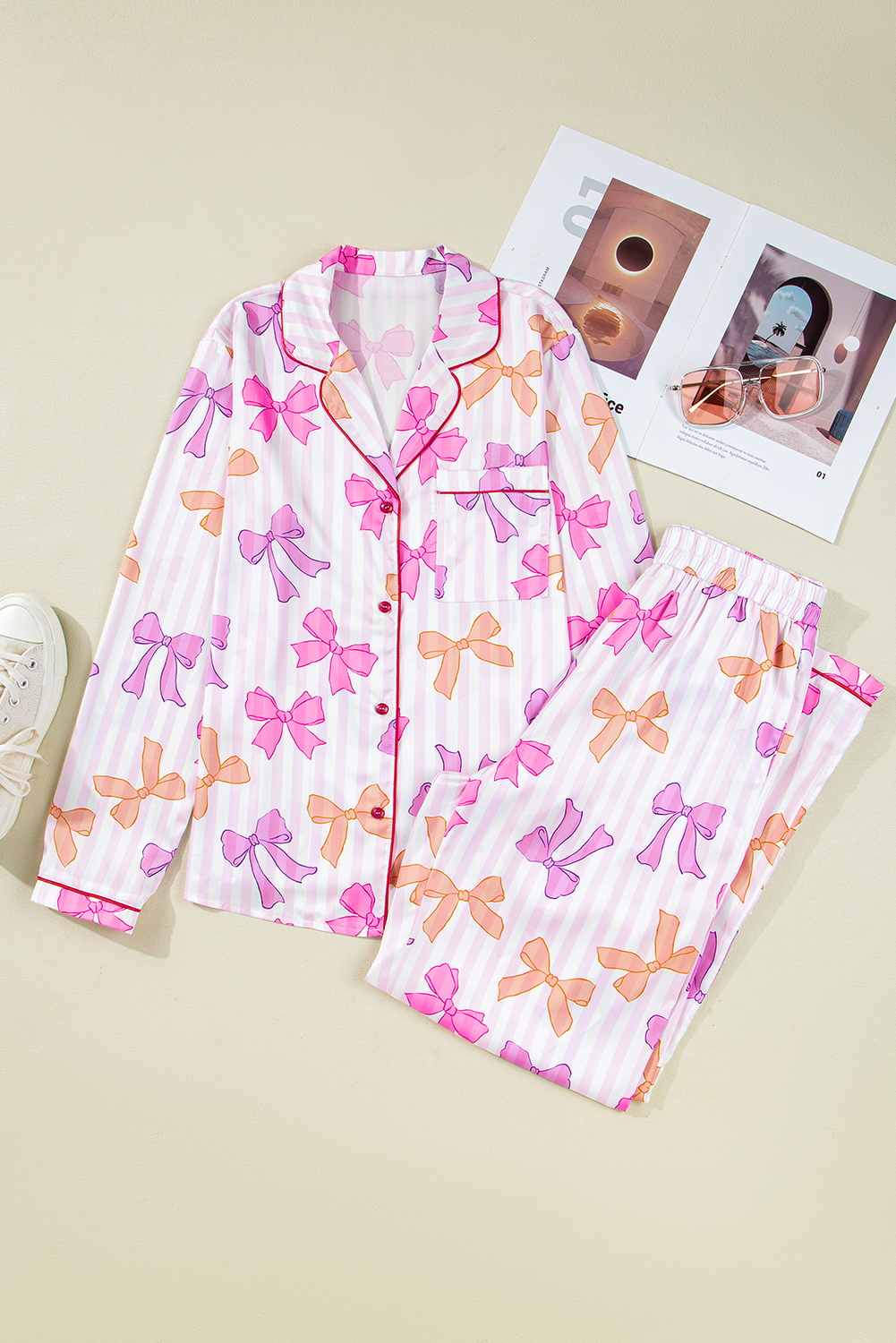 Pink Striped Bow Print Contrast Piping Trim Shirt and Pants 2pcs Pajama Set - loveforevers