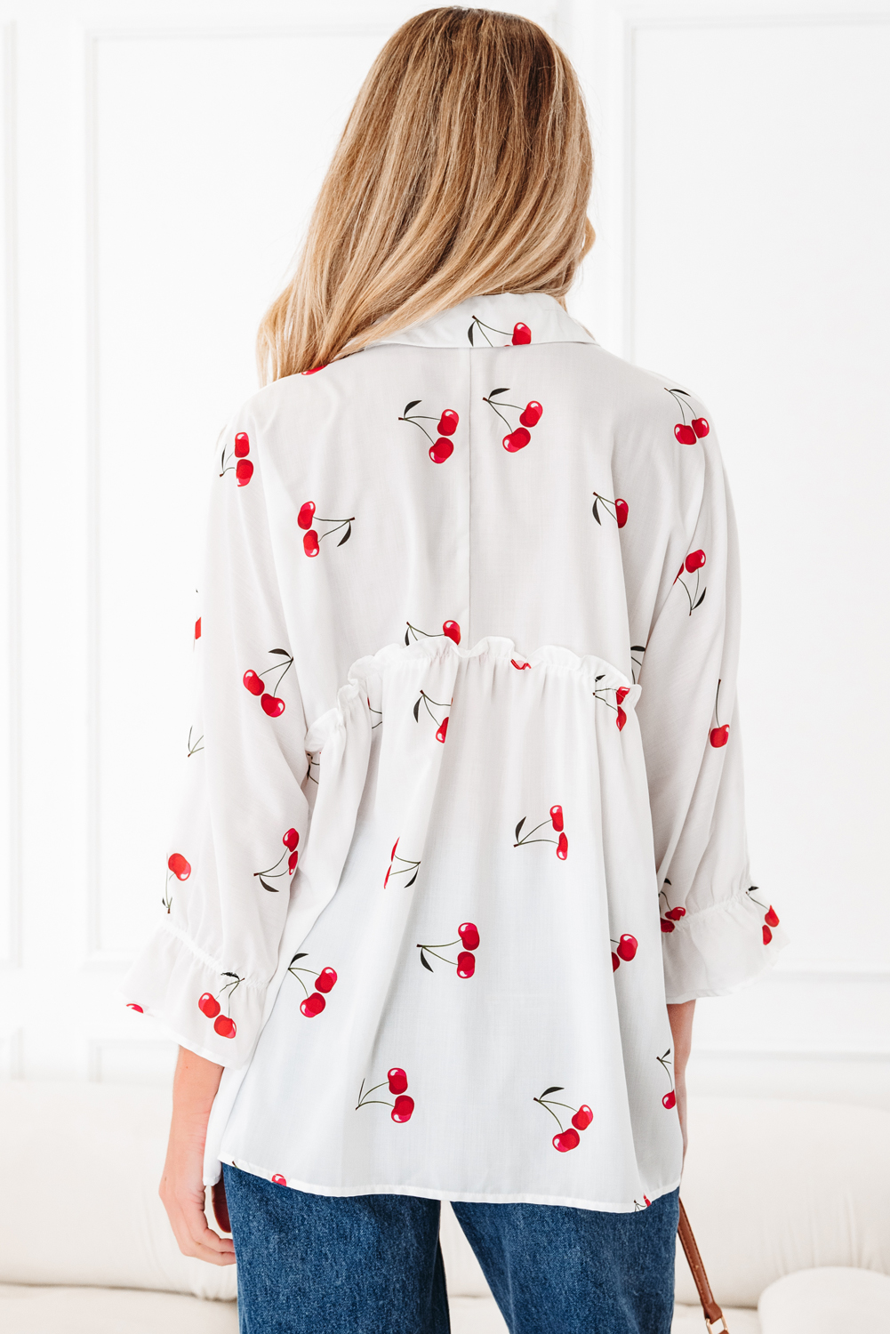 White Cherry Print Flounce Sleeve Collared Frilled Babydoll Blouse - loveforevers