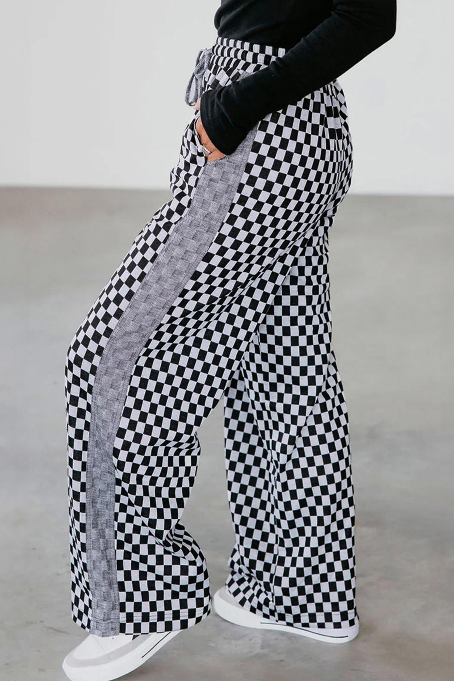 White Checkerboard Drawstring Waist Casual Pants - loveforevers