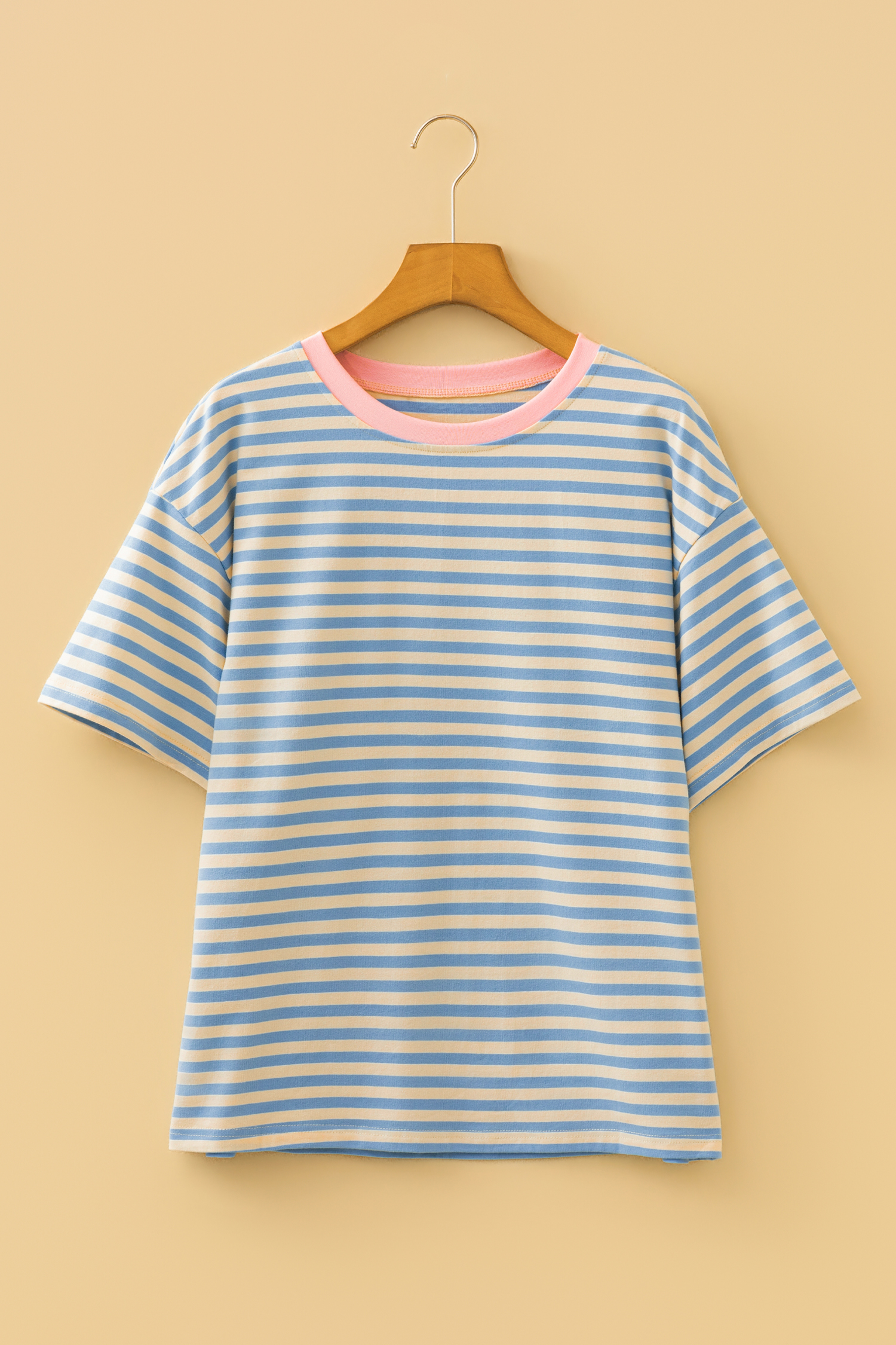 Sky Blue Stripe Contrast Crew Neck Drop Shoulder Loose Tee - loveforevers