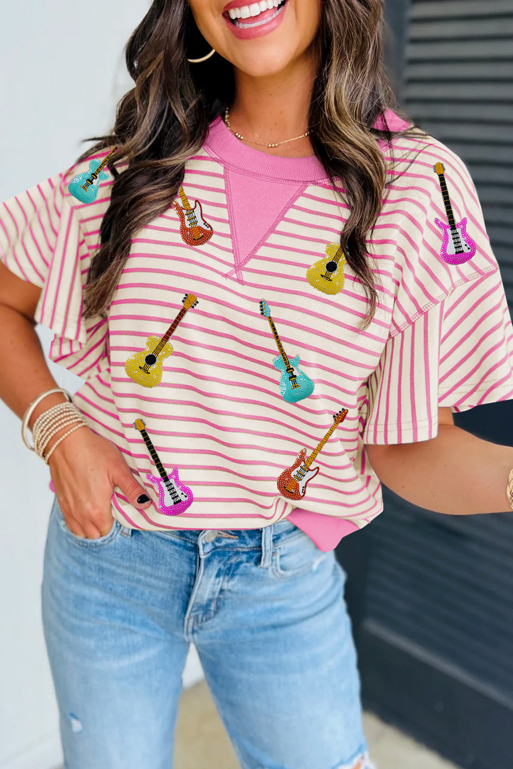 Sachet Pink Striped Guitar Patched Ruffle Short Sleeve Crossed Seam Blouse - loveforevers