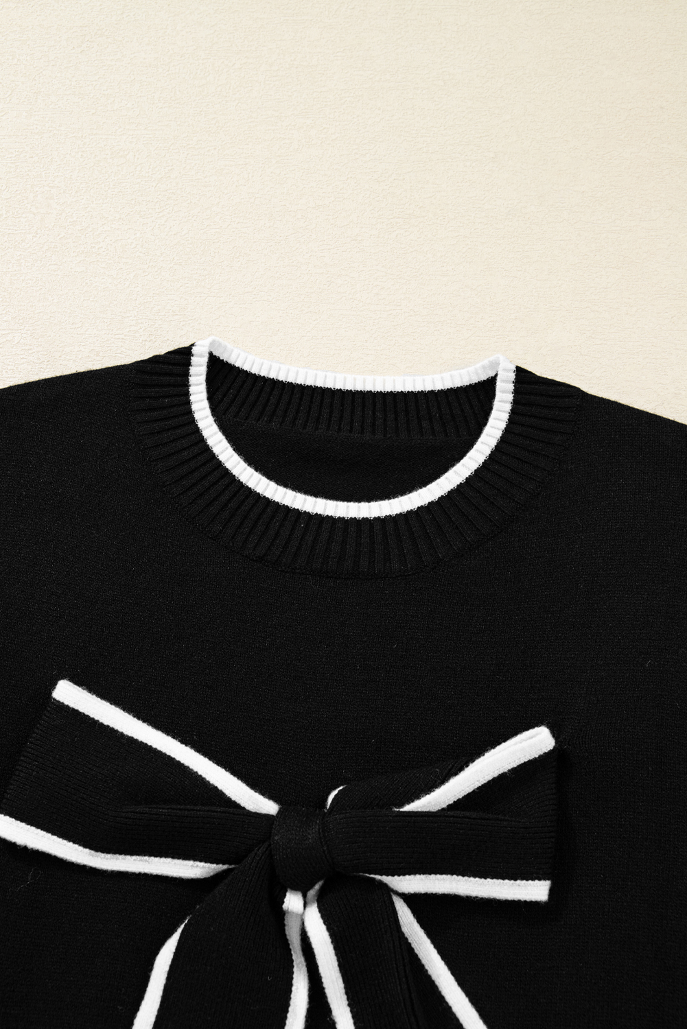 Black Contrast Trim Big Bow Accent Holiday Cropped Sweater - loveforevers