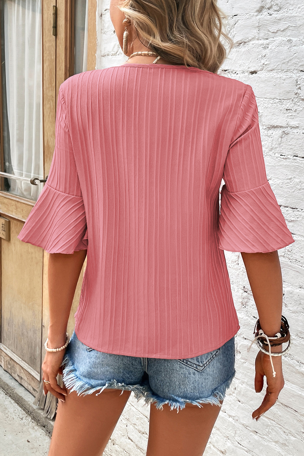 Beau Blue Ruffled Half Sleeve V Neck Textured Top - loveforevers