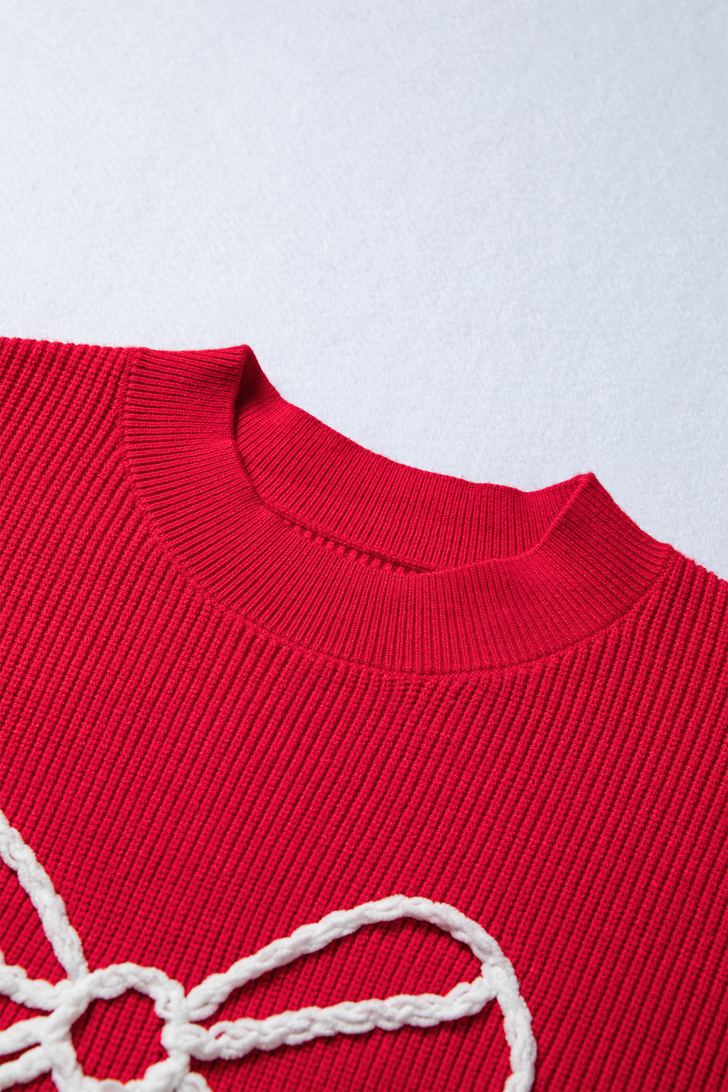 Fiery Red Bow Embroidered Graphic Ribbed Sweater Top - loveforevers