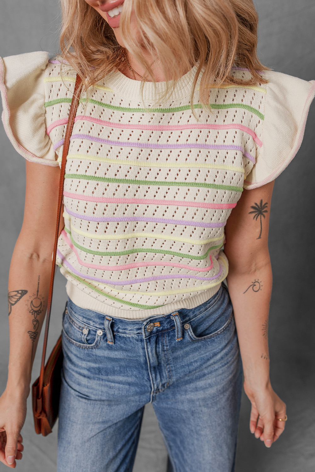 Oatmeal Colorful Striped Eyelet Knit Ruffled Sleeve Sweater T Shirt - loveforevers