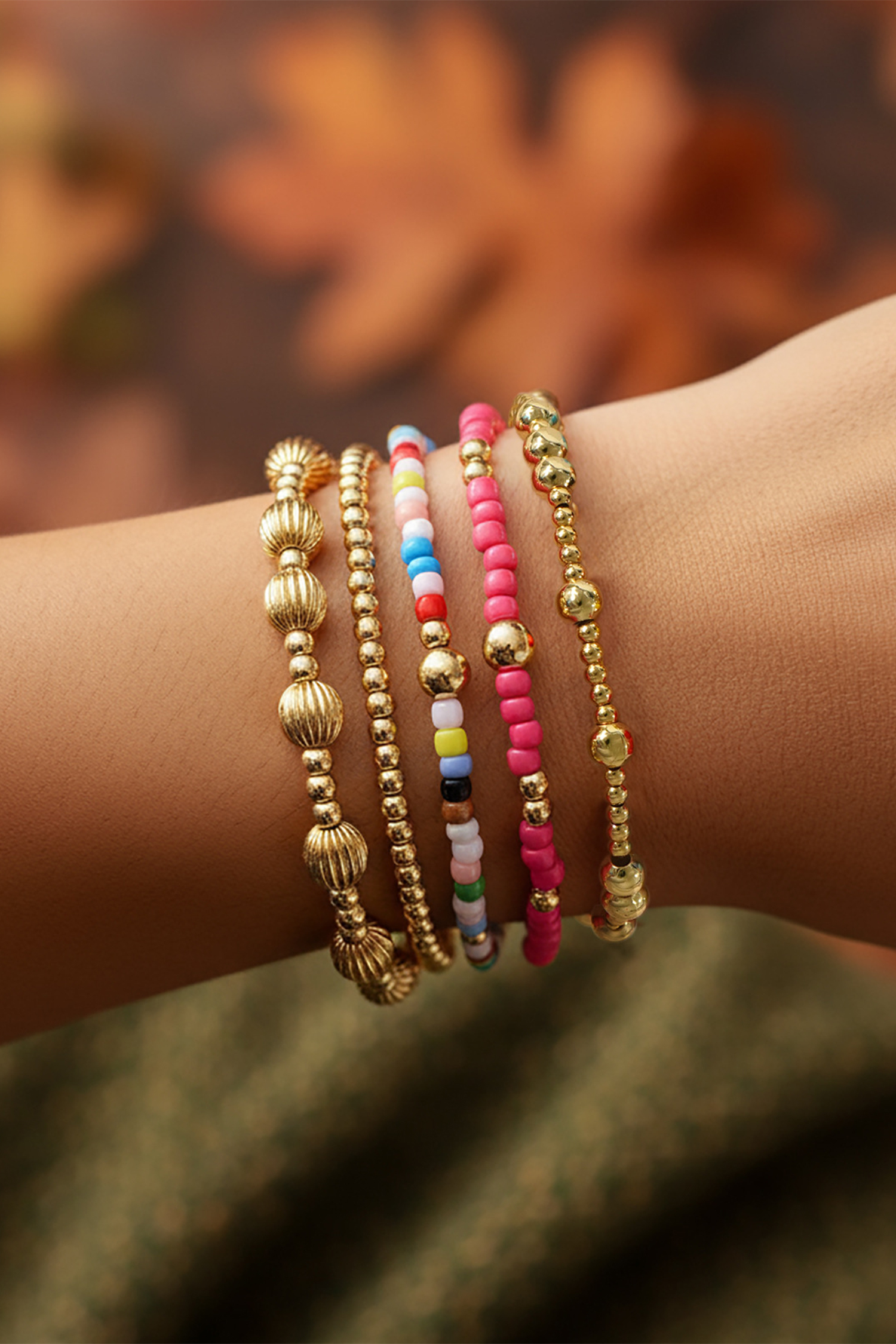 Gold 5pcs Vibrant Beading Stackable Elastic Bracelet Set - loveforevers