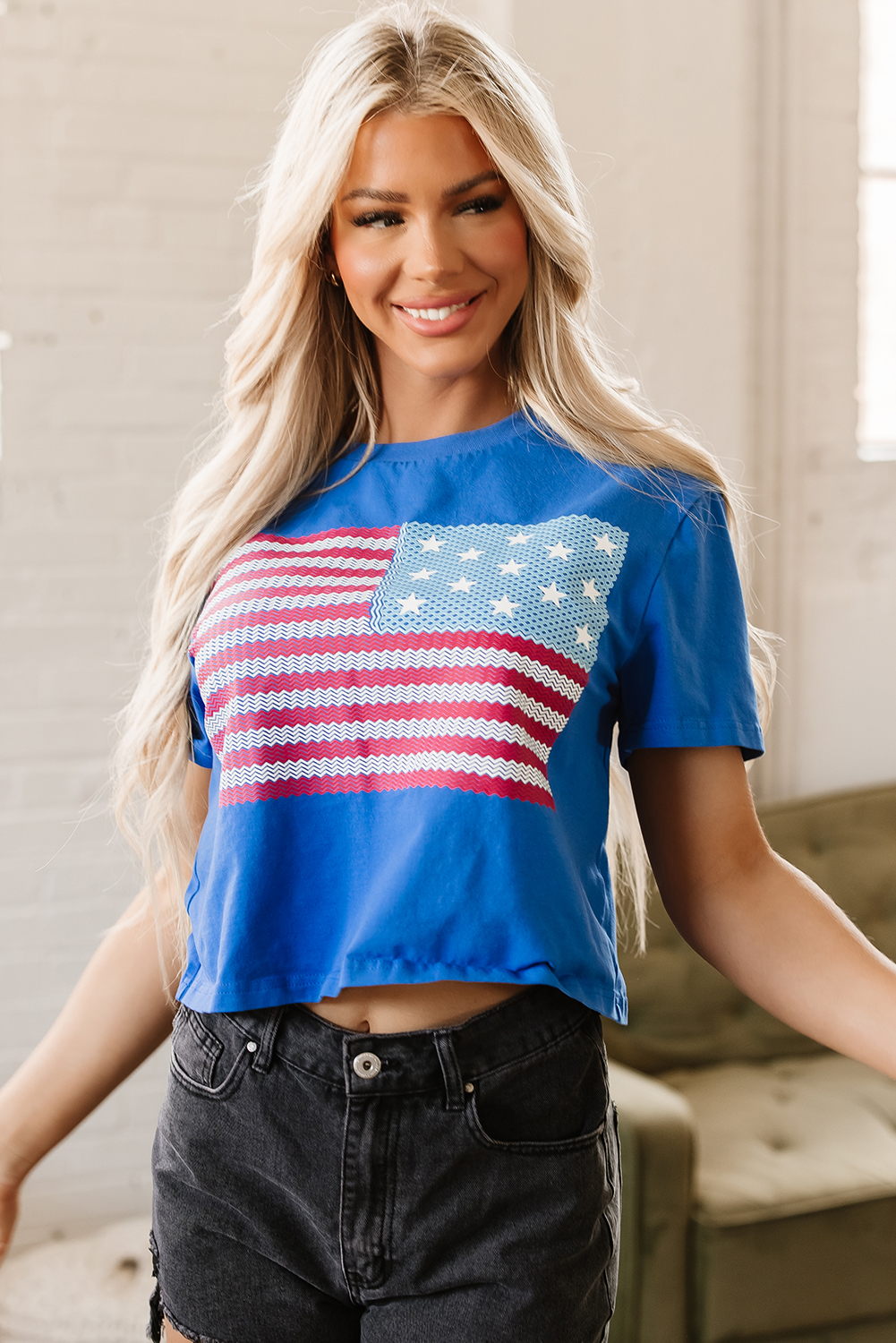 Real Teal American Flag Pattern Crewneck Tee - loveforevers