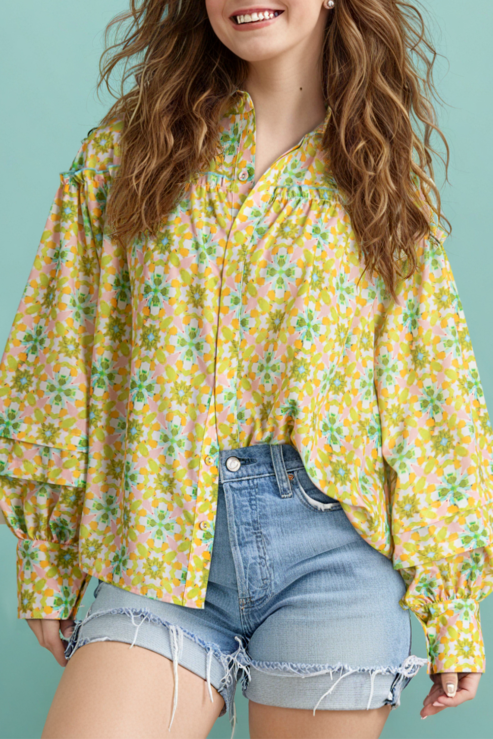 Green Boho Floral Print Frilly Detail Puff Sleeve Shirt - loveforevers
